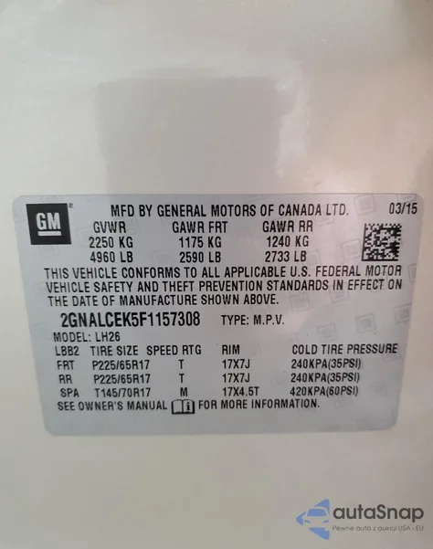 2015 Chevrolet Equinox Lt из США, поврежденный, VIN 2GNALCEK5F1157308